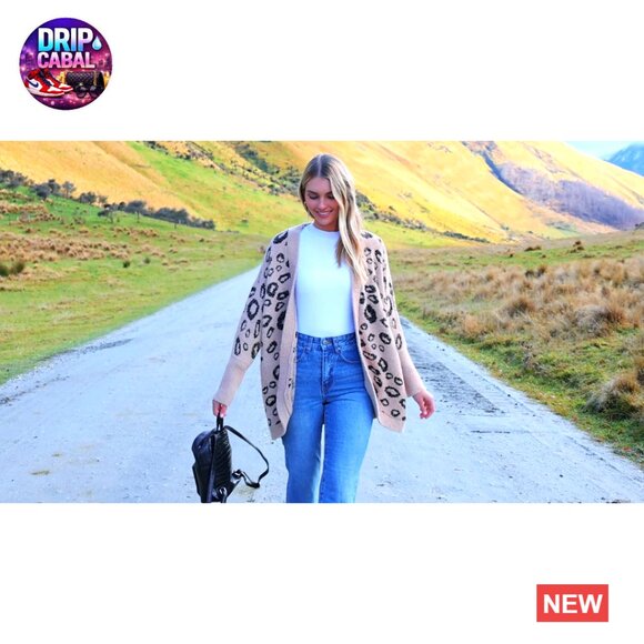 Leopard Print Cardigan Oversized Batwing Sleeves Open Front Pockets Fall - Picture 6 of 6